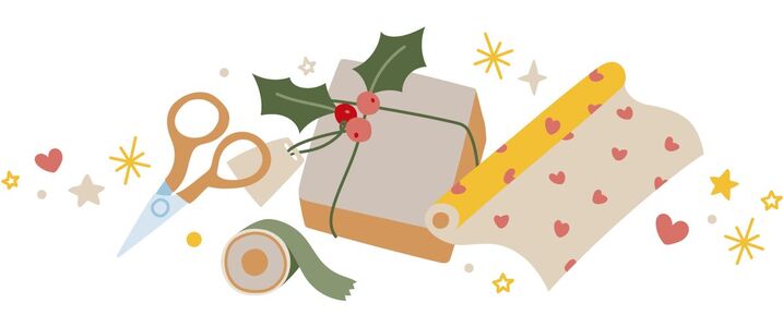  Ein liebevoll eingepacktes Geschenk mit rotem Herzpapier, grünem Band, Weihnachtsstern und Scheren. Wundervolle Vorfreude auf das Schenken! 