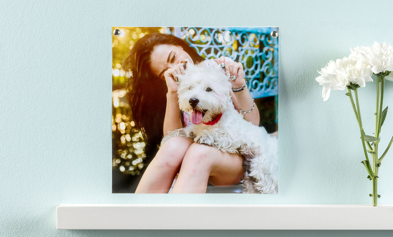 Eine Frau sitzt mit einem weißen Hund auf einem Stuhl und lächelt. Im Hintergrund eine bunte Dekoration.
