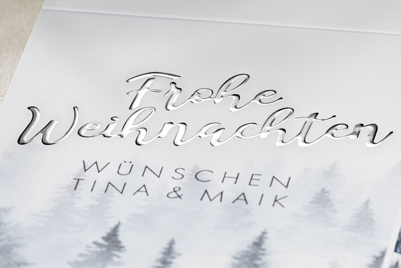 Detailaufnahme einer Weihnachtskarte mit dem Schriftzug "Frohe Weihnachten - Wünschen Tina & Maik" und einem winterlichen Hintergrund. Der S