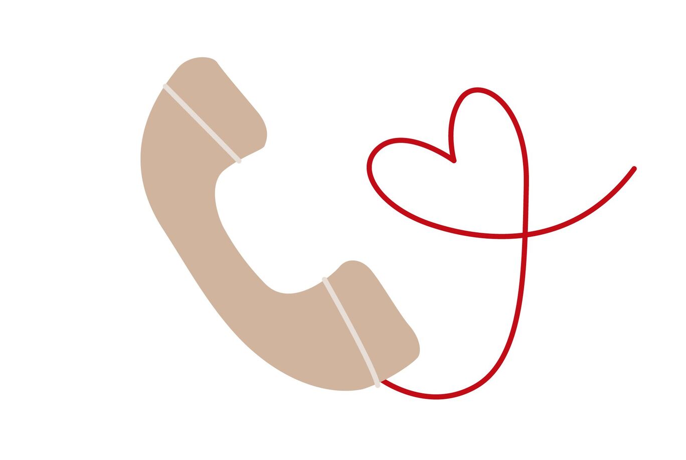 Ein beige Telefonhörer mit einem roten Herz aus Schnur, das daran befestigt ist