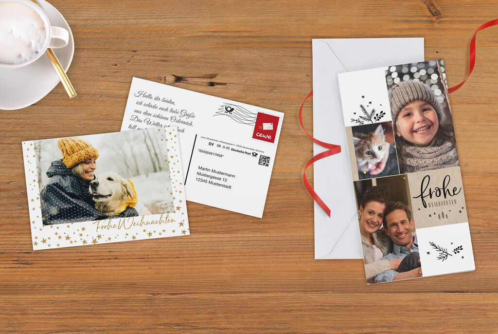 Weihnachtskarten als Karten mit direkten Versand. Eine Karte mit dem Foto einer Frau und eines Hundes. Eine weitere Karte mit Familienfotos.