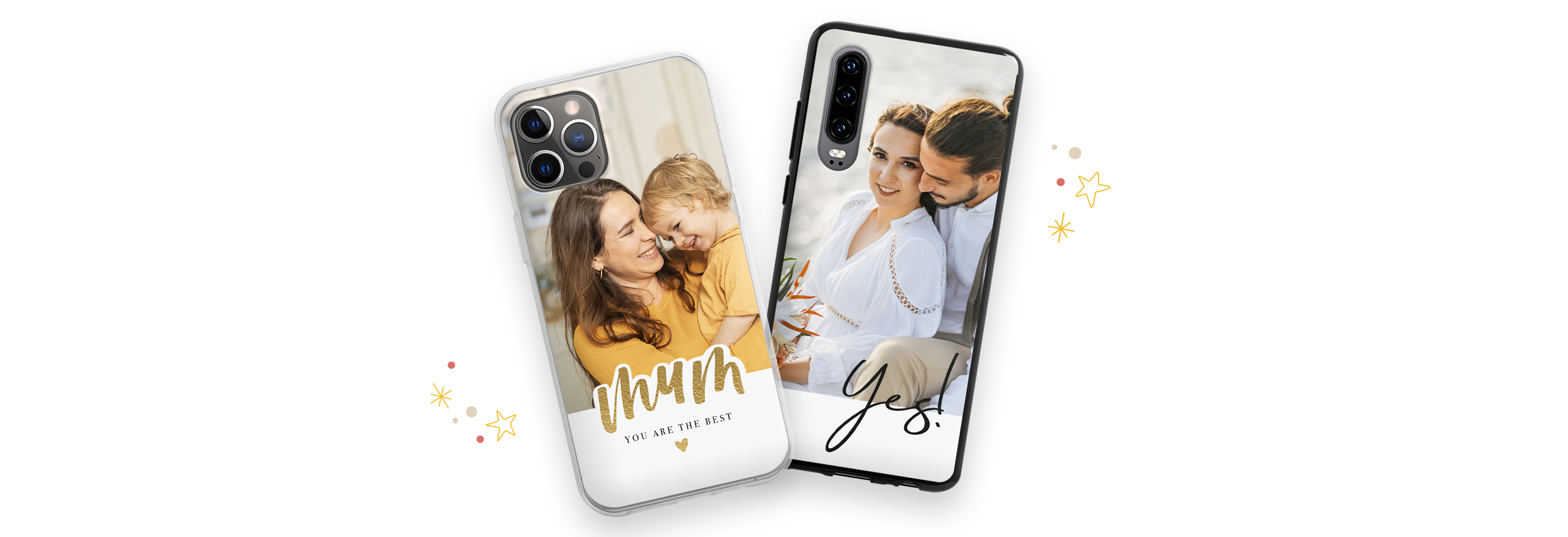 Zwei personalisierte Smartphone-Hüllen mit liebevollen Designs.