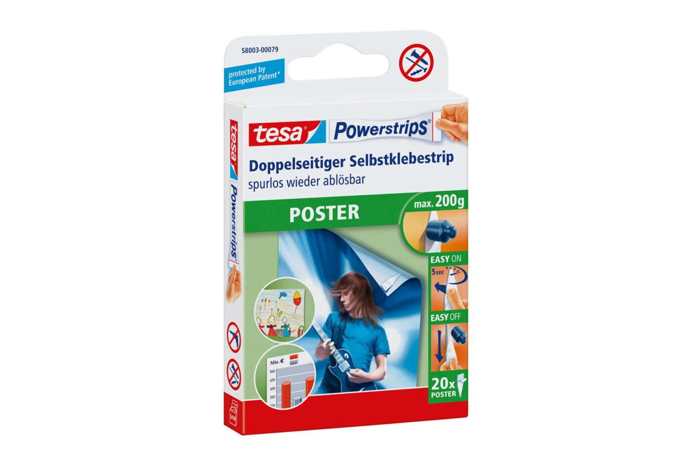 Verpackung tesa Powerstrips Poster, doppelseitige Klebestreifen bis 200 g, rückstandslos entfernbar