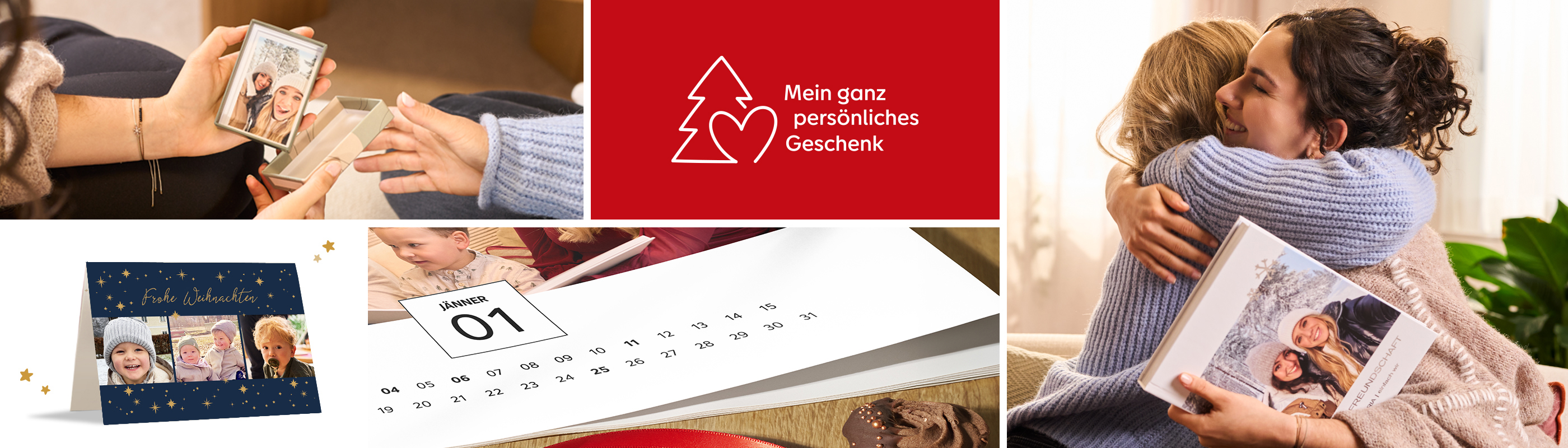 Weihnachtliche Collage: persönliche Fotogeschenke und Kalender werden überreicht; eine warme Umarmung von zwei Jungen Frauen mit einem CEWE