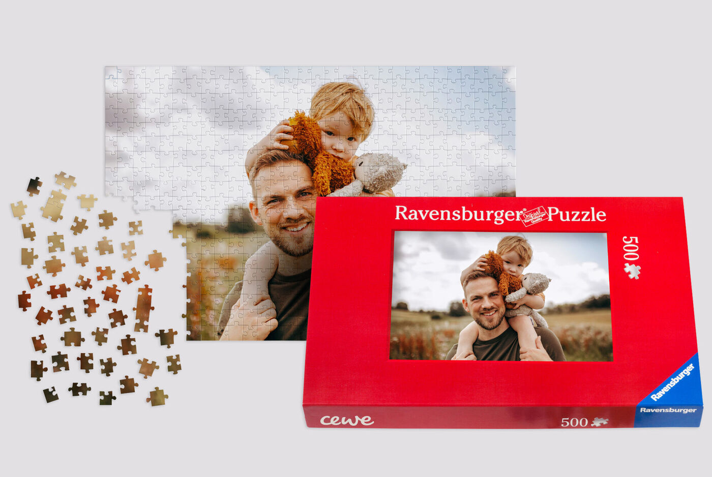 Ein Ravensburger Puzzle mit einem Bild eines Kindes, das einen Teddybär hält