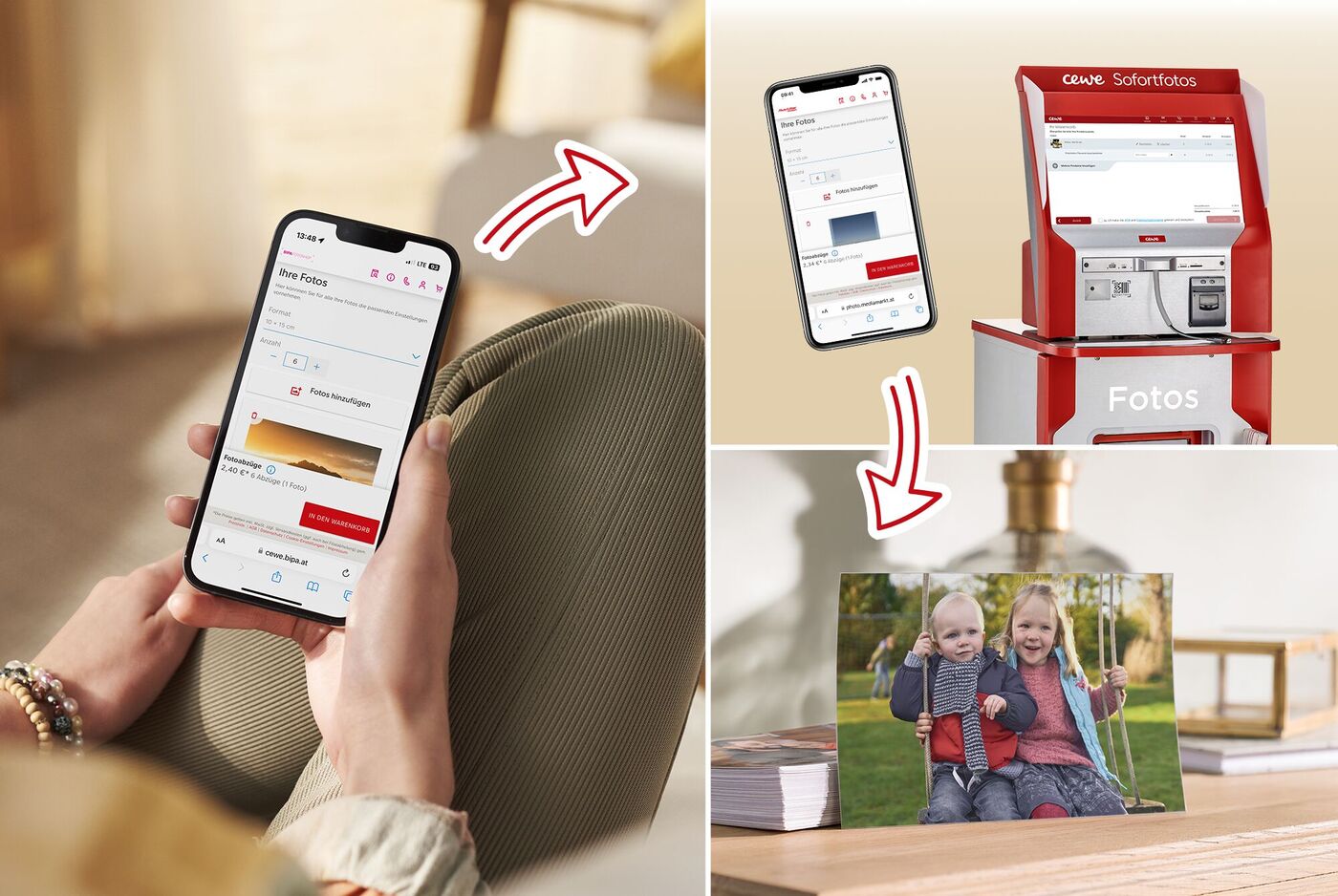 Eine Person hält ein Smartphone, das die CEWE Fotos App zeigt. Im Hintergrund sind ein CEWE Fotokiosk und ein Bild von zwei Kindern in einem Rahmen zu sehen.