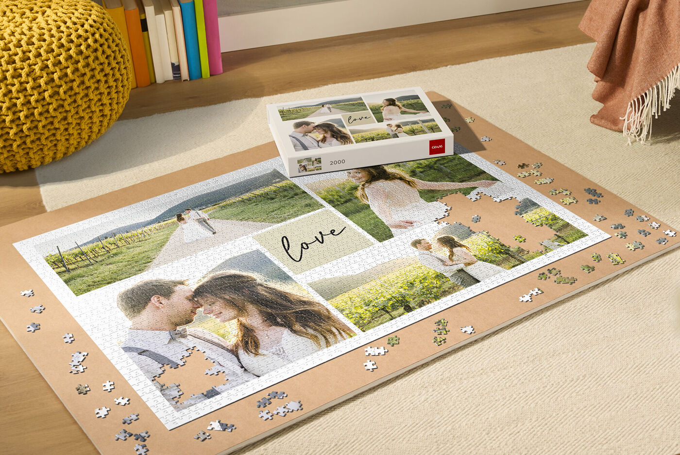 Ein liebevolles Puzzle mit Hochzeitsfotos und dem Wort "love" in einer schönen Umgebung