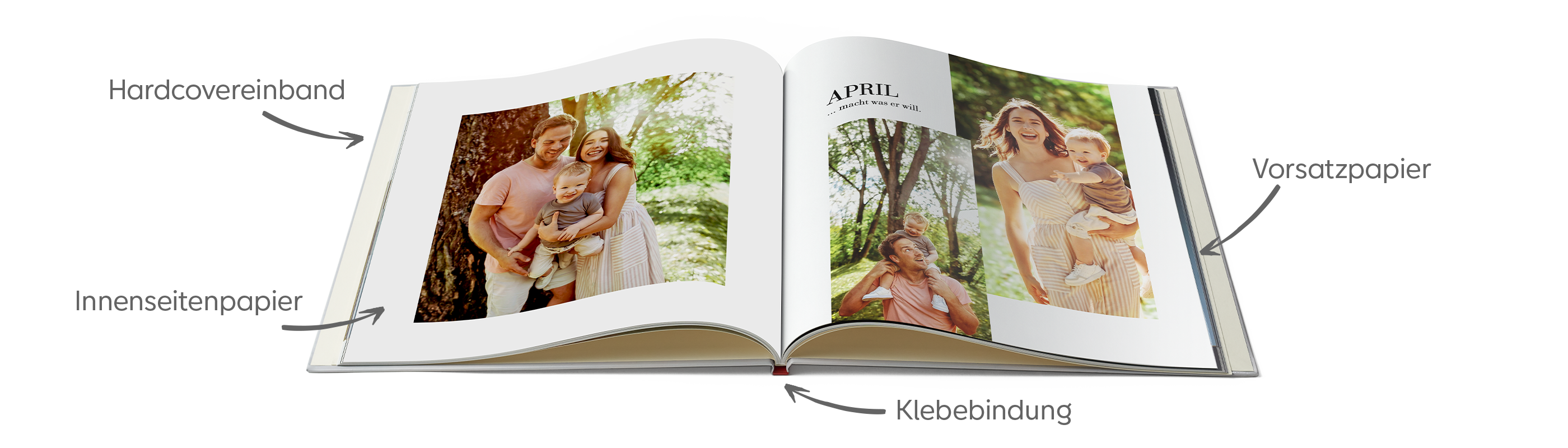 Öffentlich zugängliches, hochwertiges Fotobuch mit mehreren Seiten, das vom April ist. Es zeigt eine Familie mit zwei Kinder im Freien und hebt die Klebebindung sowie das Vorsatzpapier hervor.