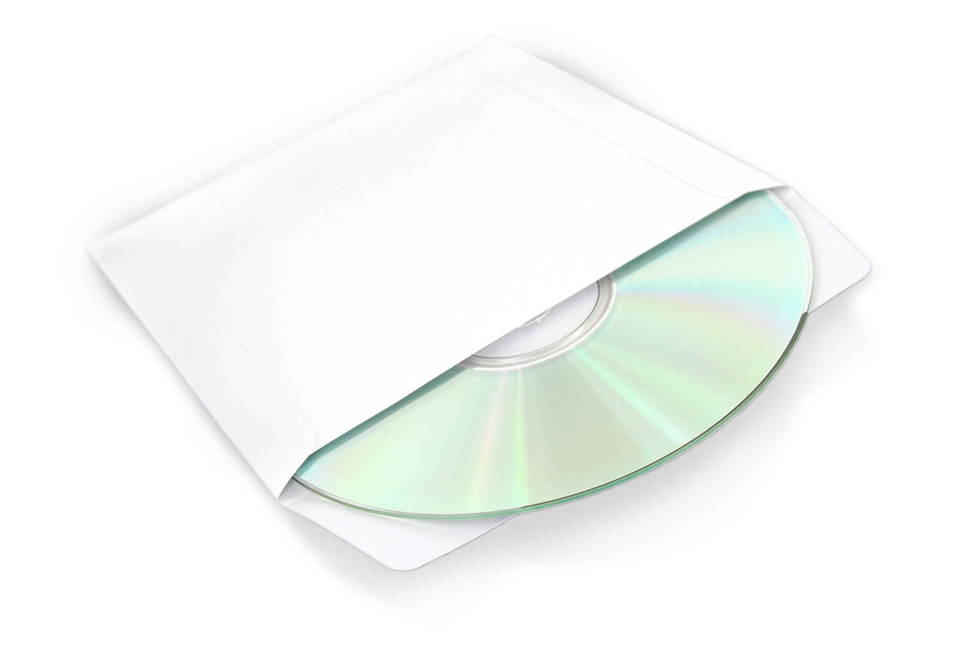 Ein CD mit silberner Oberfläche in einem schlichten weißen Umschlag. Ideal für kreative Geschenke oder Erinnerungen.