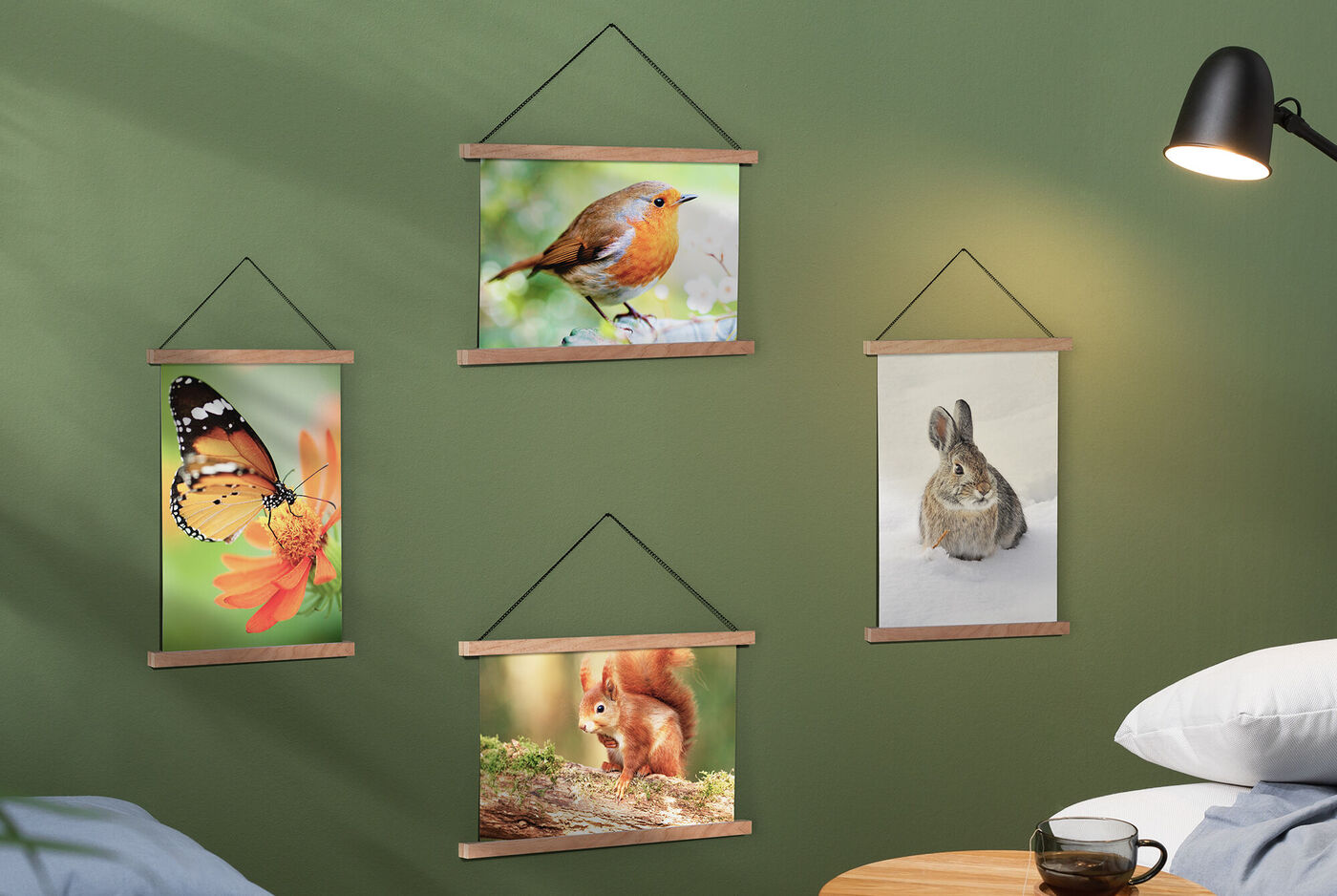 Vier schöne Bilder von Tieren und Natur an einer Wand hängen.